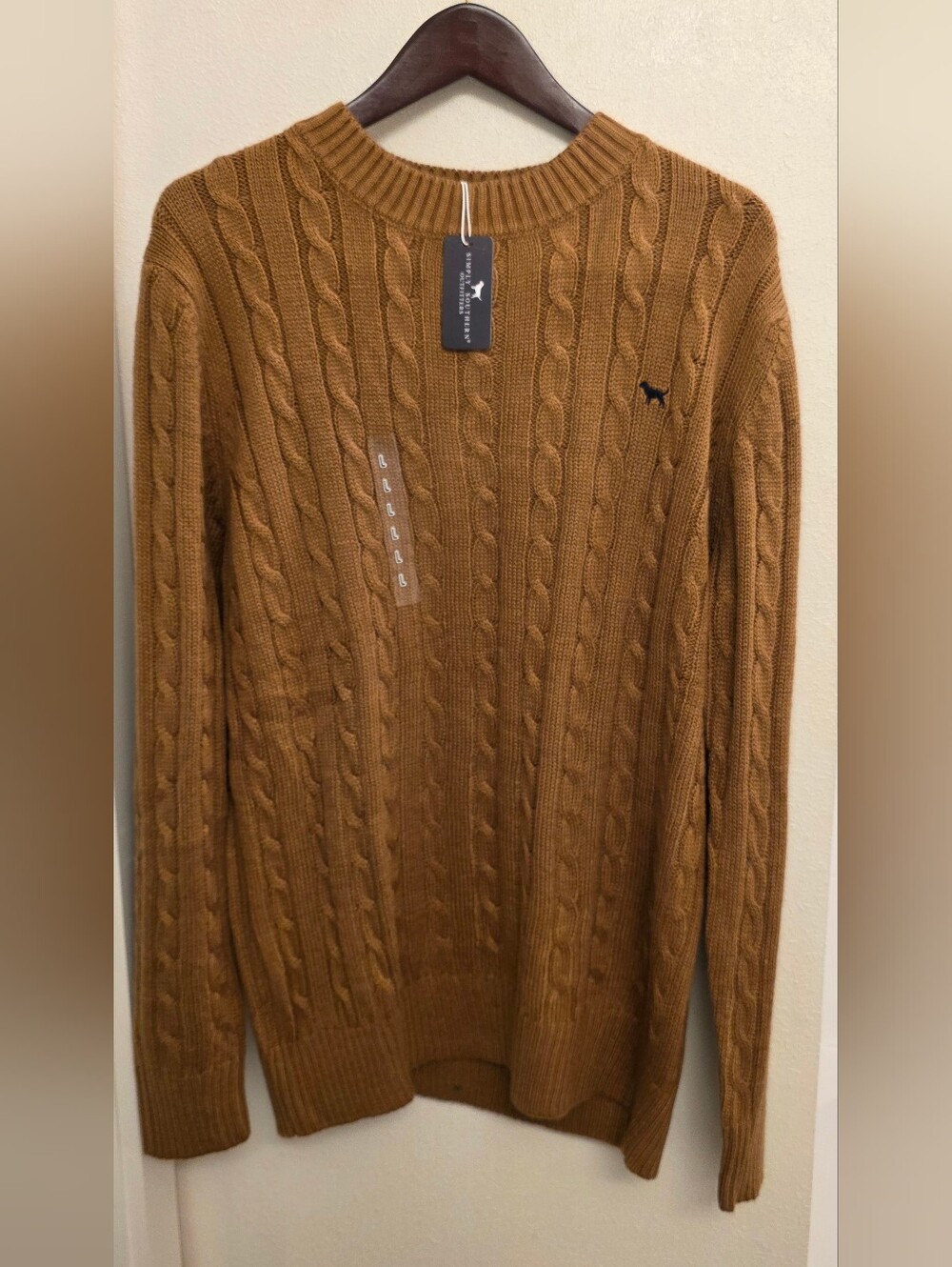 Simply Southern Men's Cable Knit Crewneck Sweater in Camel L